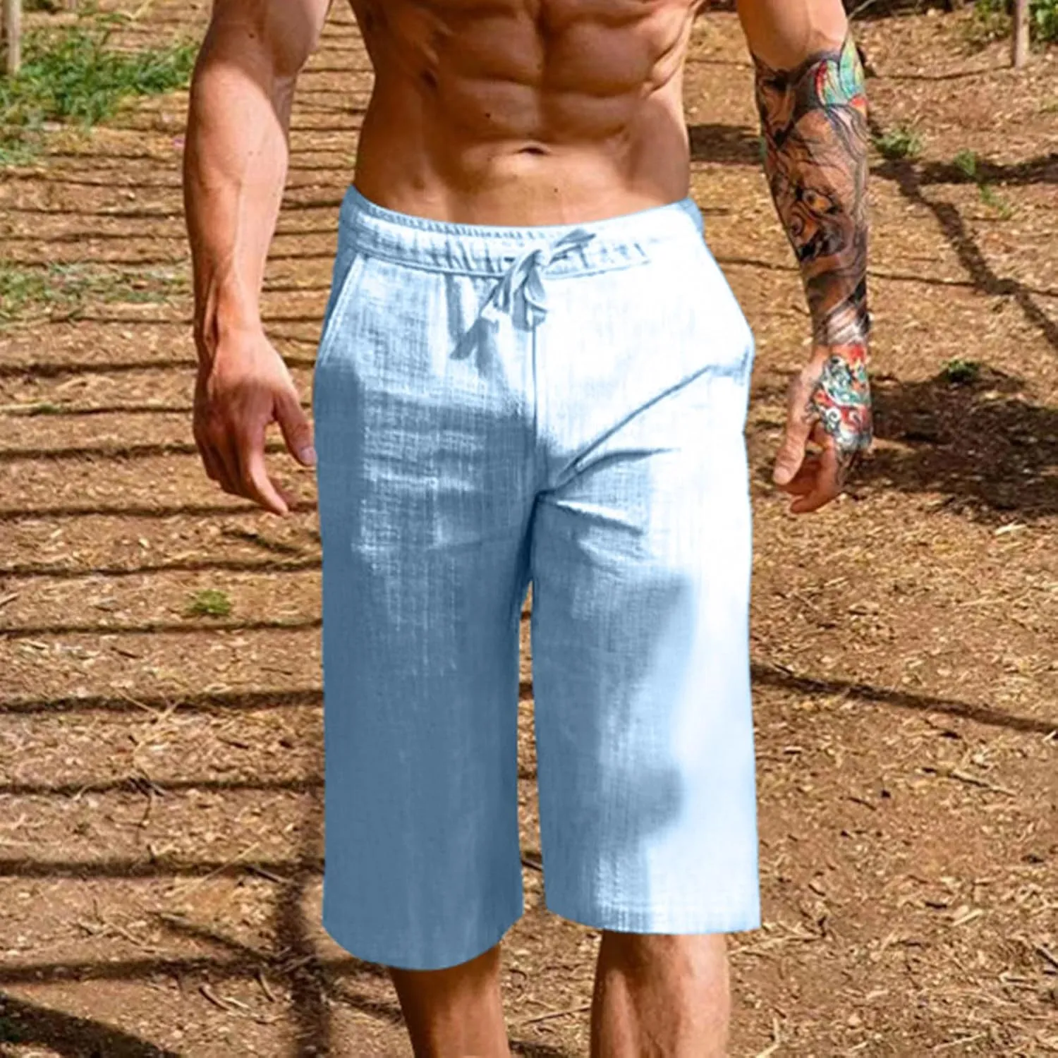 Mens Cotton Linen Capri Pants Relaxed Fit Casual Outdoor Pants with Pockets Breathable Solid Beach Capripants