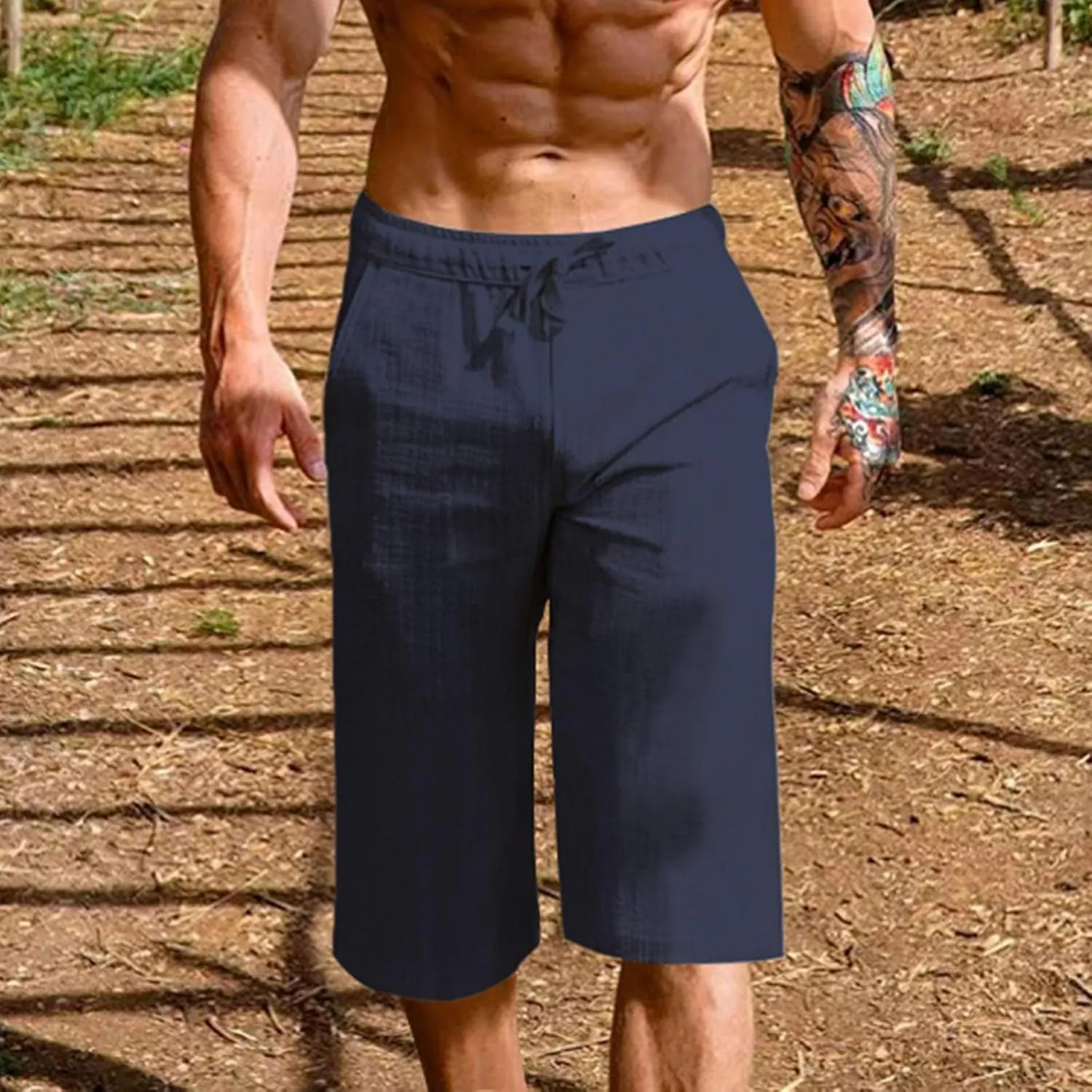 Mens Cotton Linen Capri Pants Relaxed Fit Casual Outdoor Pants with Pockets Breathable Solid Beach Capripants