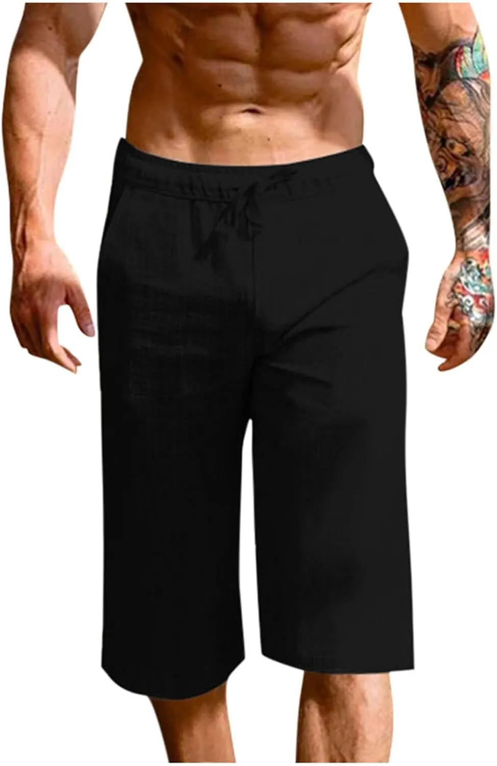 Mens Cotton Linen Capri Pants Relaxed Fit Casual Outdoor Pants with Pockets Breathable Solid Beach Capripants
