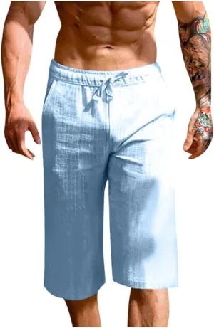 Mens Cotton Linen Capri Pants Relaxed Fit Casual Outdoor Pants with Pockets Breathable Solid Beach Capripants