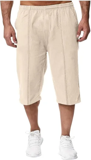 Men's Cotton Linen Lounge Shorts 3/4 Length Drawstring Waist Baggy Capri Pants for Summer Casual Sport