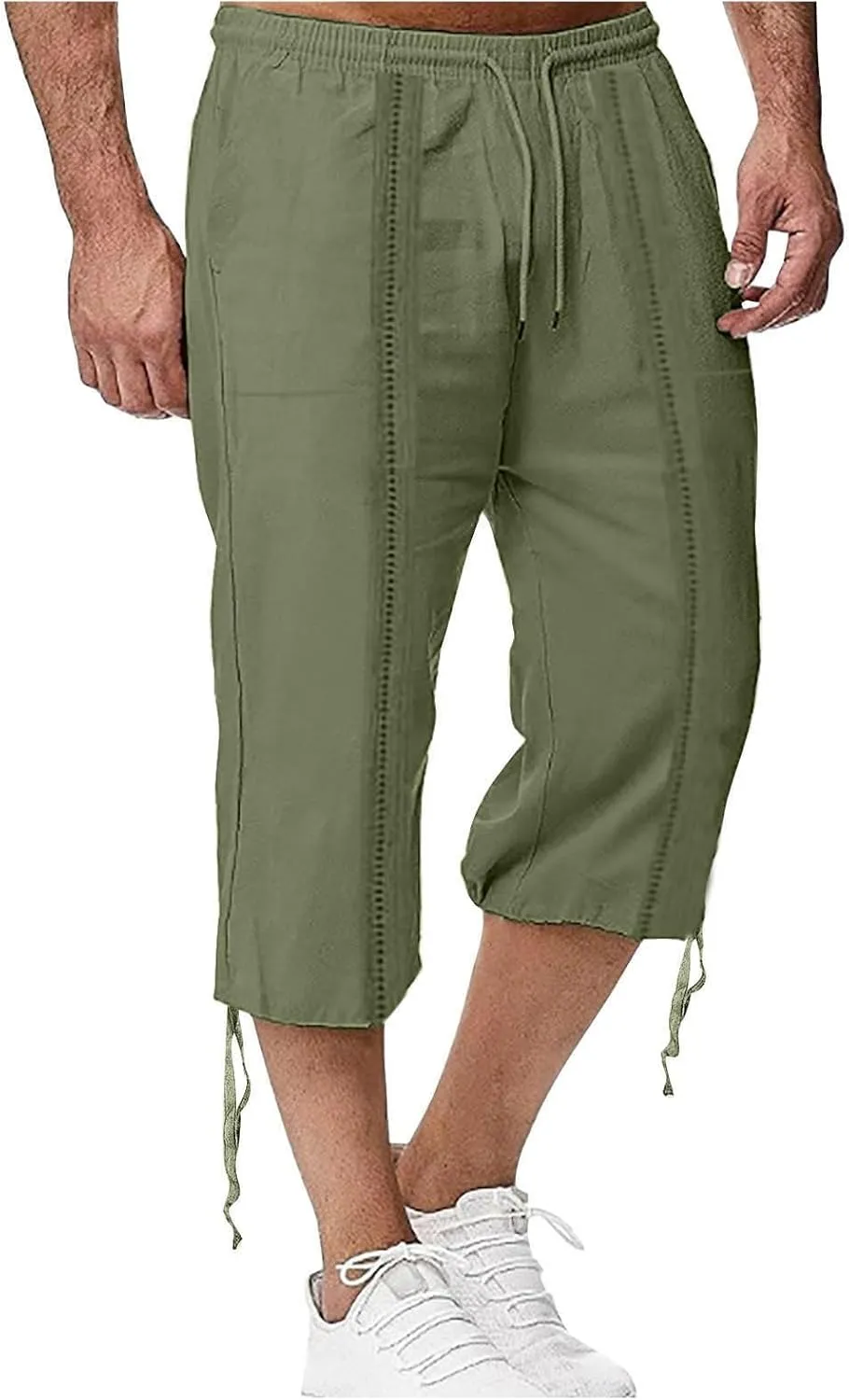 Men's Cotton Linen Lounge Shorts 3/4 Length Drawstring Waist Baggy Capri Pants for Summer Casual Sport
