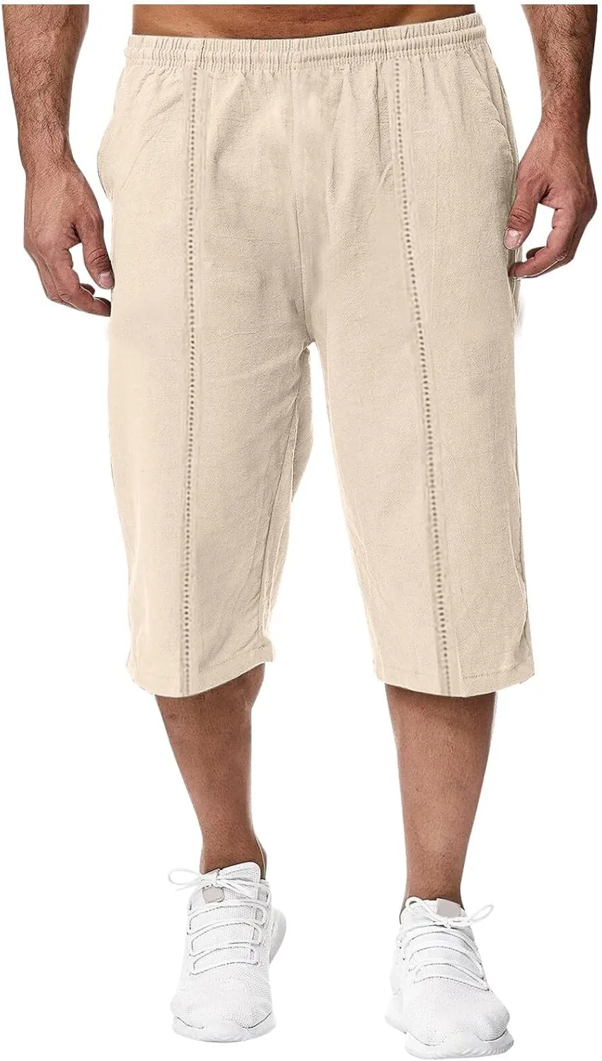 Men's Cotton Linen Lounge Shorts 3/4 Length Drawstring Waist Baggy Capri Pants for Summer Casual Sport