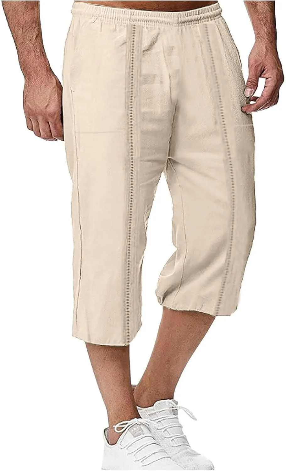 Men's Cotton Linen Lounge Shorts 3/4 Length Drawstring Waist Baggy Capri Pants for Summer Casual Sport