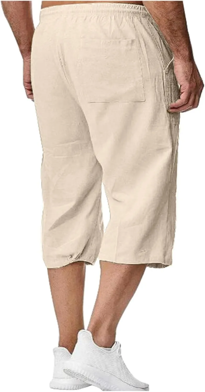 Men's Cotton Linen Lounge Shorts 3/4 Length Drawstring Waist Baggy Capri Pants for Summer Casual Sport
