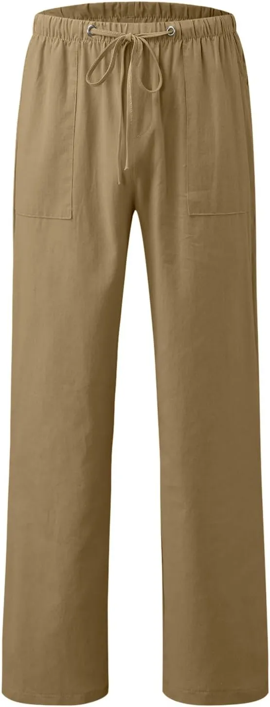 Mens Cotton Linen Pants Solid Color Summer Breathable Trouser Straight Leg Tactical Pants with Multi Pockets