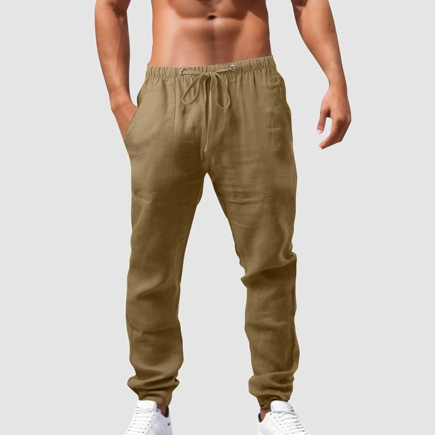 Mens Cotton Linen Pants Solid Color Summer Breathable Trouser Straight Leg Tactical Pants with Multi Pockets