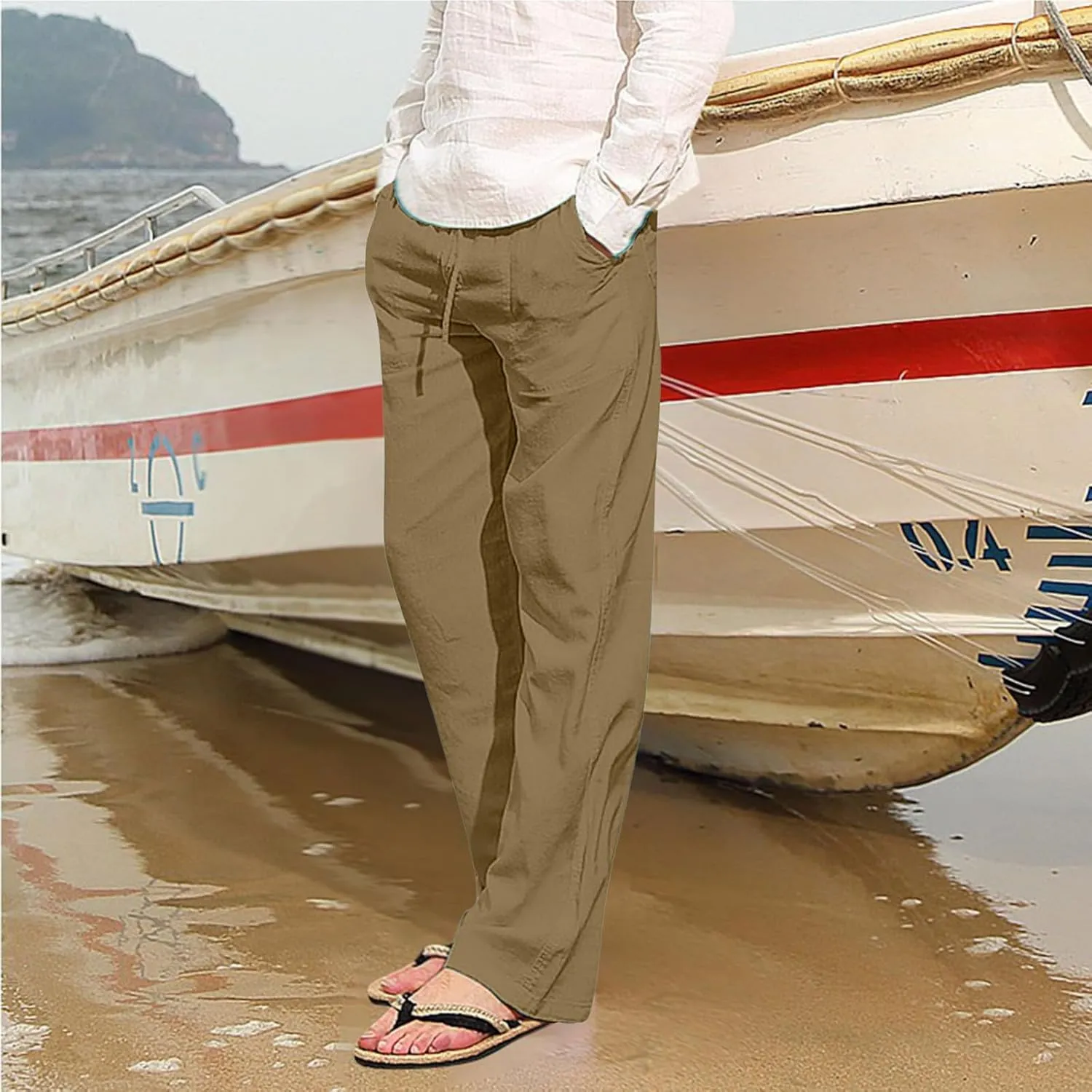 Mens Cotton Linen Pants Solid Color Summer Breathable Trouser Straight Leg Tactical Pants with Multi Pockets