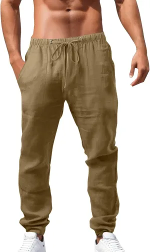 Mens Cotton Linen Pants Solid Color Summer Breathable Trouser Straight Leg Tactical Pants with Multi Pockets