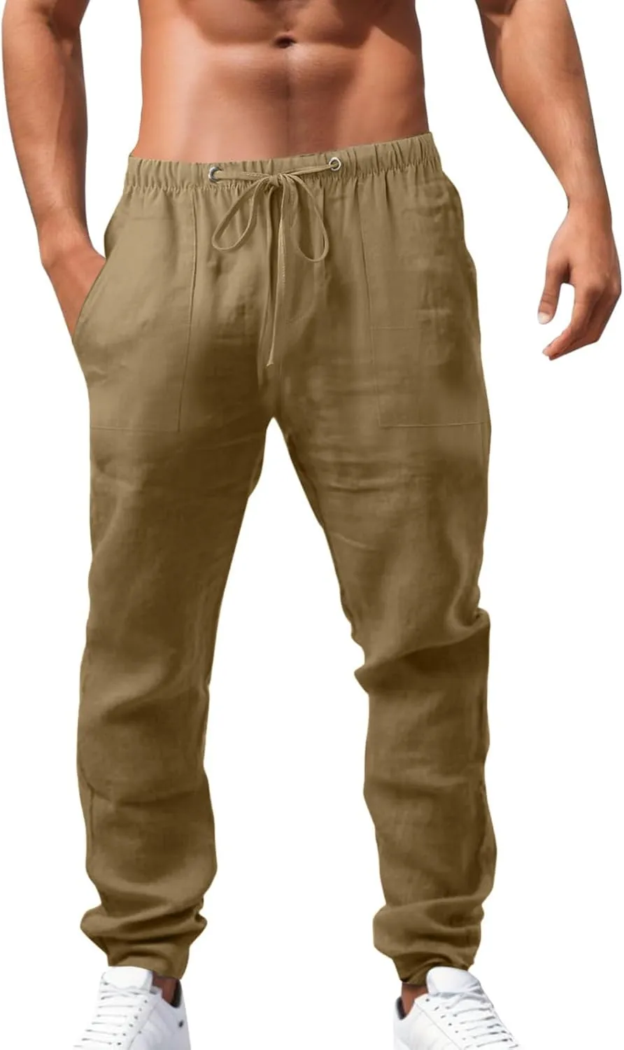 Mens Cotton Linen Pants Solid Color Summer Breathable Trouser Straight Leg Tactical Pants with Multi Pockets