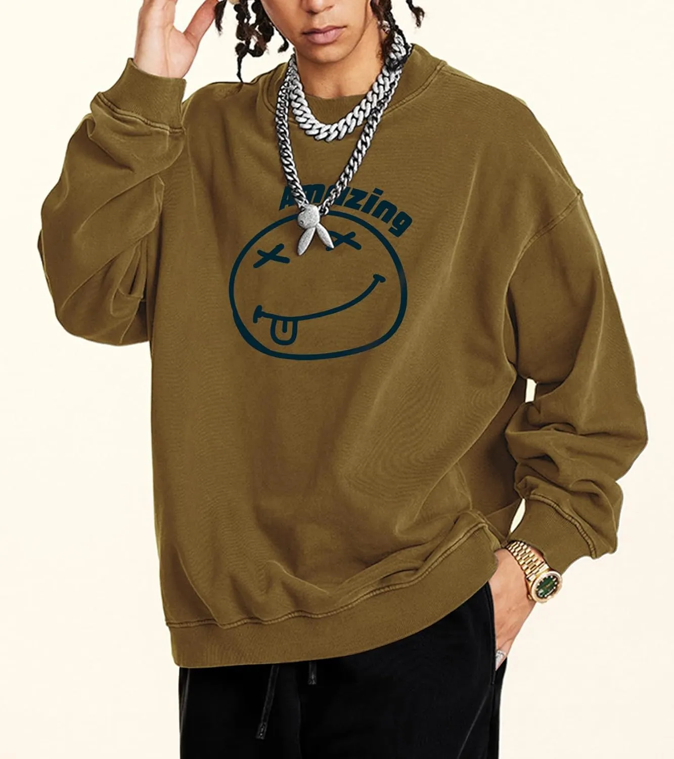 Men's Graphic Printed Crewneck Sweatshirts Oversized Pullover Drop Shoulder Long Sleeve Casual T-shirts Tops