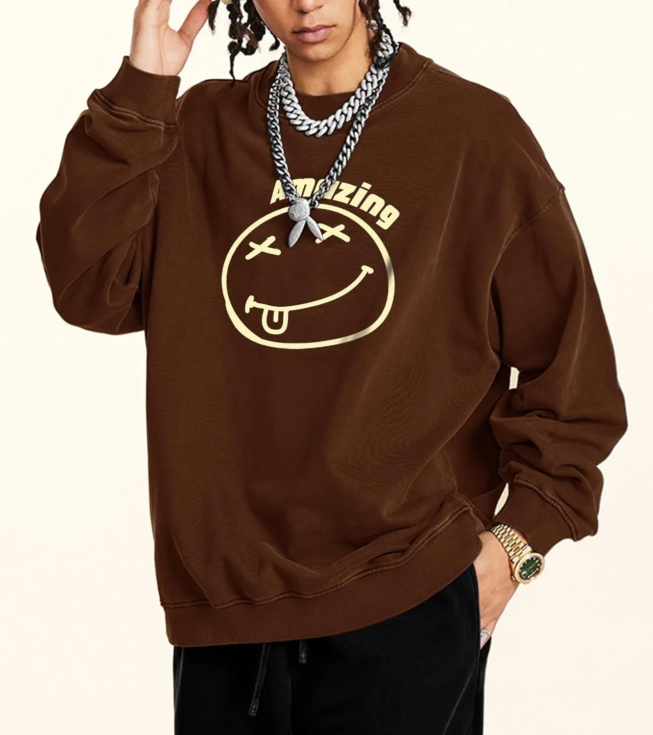 Men's Graphic Printed Crewneck Sweatshirts Oversized Pullover Drop Shoulder Long Sleeve Casual T-shirts Tops
