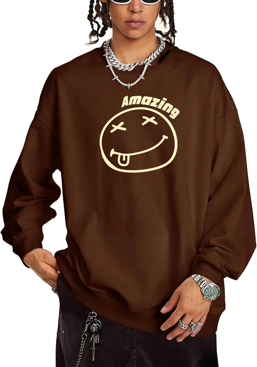 Men's Graphic Printed Crewneck Sweatshirts Oversized Pullover Drop Shoulder Long Sleeve Casual T-shirts Tops
