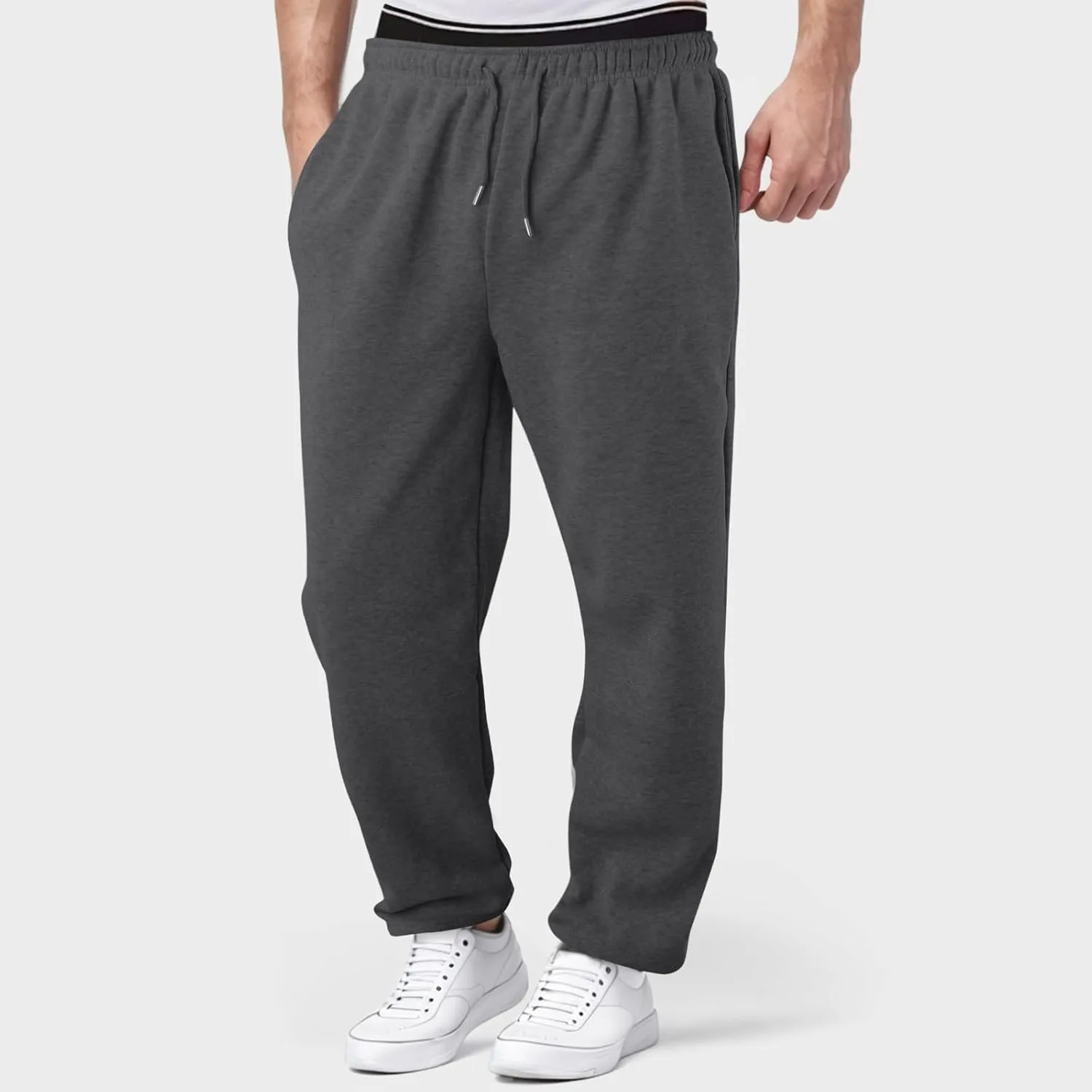 Mens Heavyweight Baggy Elastic Waist Drawstring Sweatpants Fleece Cargo Sweatpants with Pockets Joggers Trousers