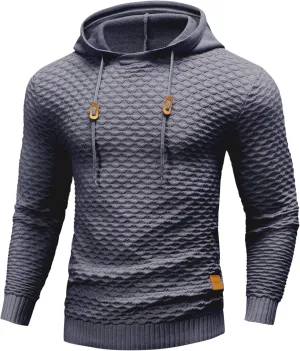 Mens Hooded Sweatshirt Casual Long Sleeve Drawstring Solid Knitted Hoodie Pullover Sweater