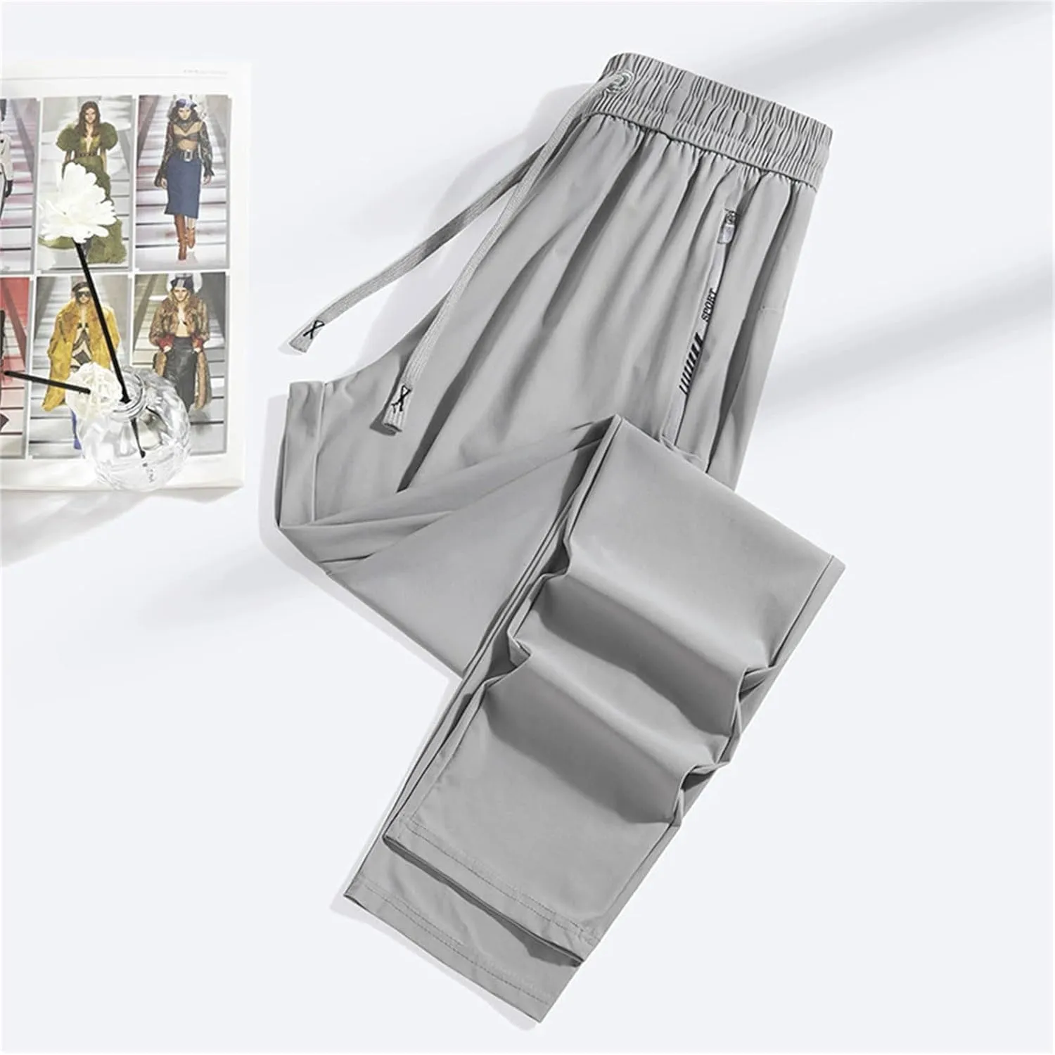 Men's Iced Active Beeswan Pants Breathable Ultra Stretch Comfy Ice Silk Pants Quick Drying Loose-Fit Travel Trousers
