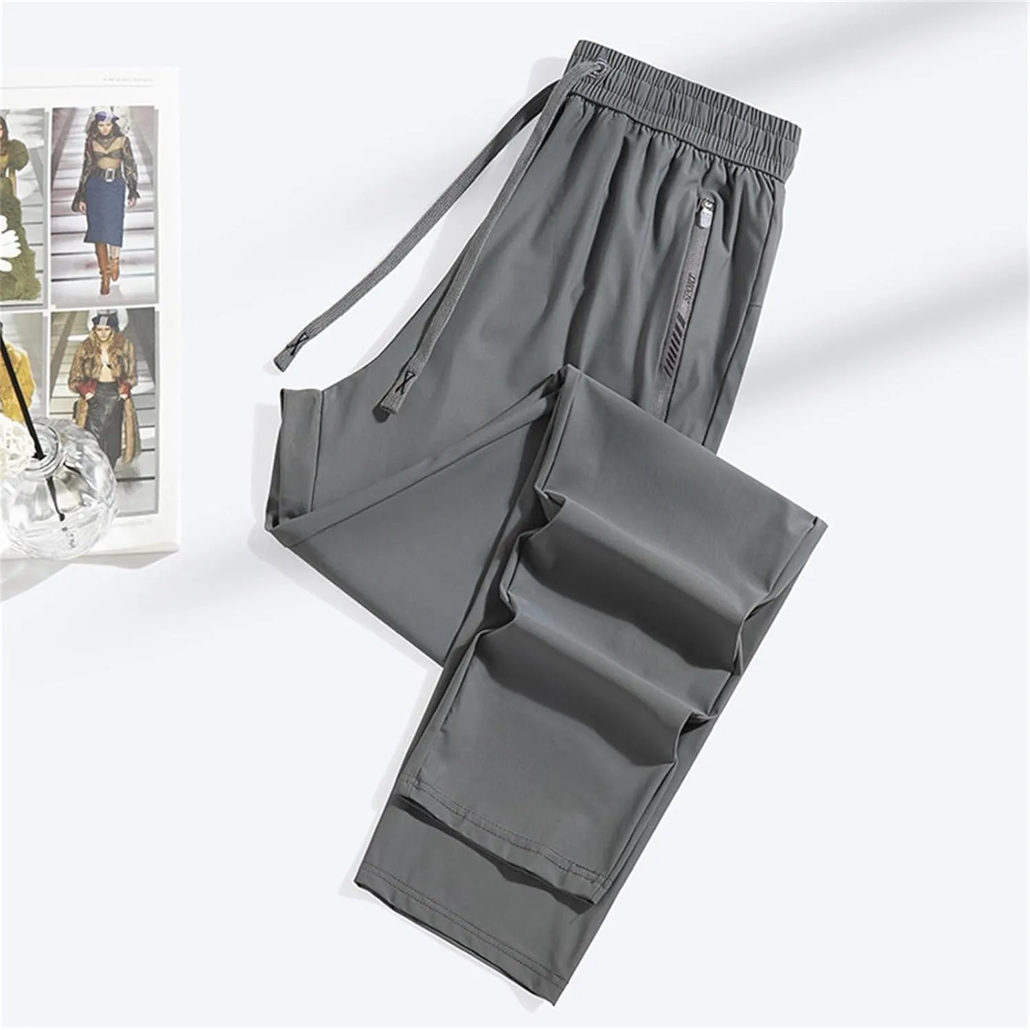 Men's Iced Active Beeswan Pants Breathable Ultra Stretch Comfy Ice Silk Pants Quick Drying Loose-Fit Travel Trousers