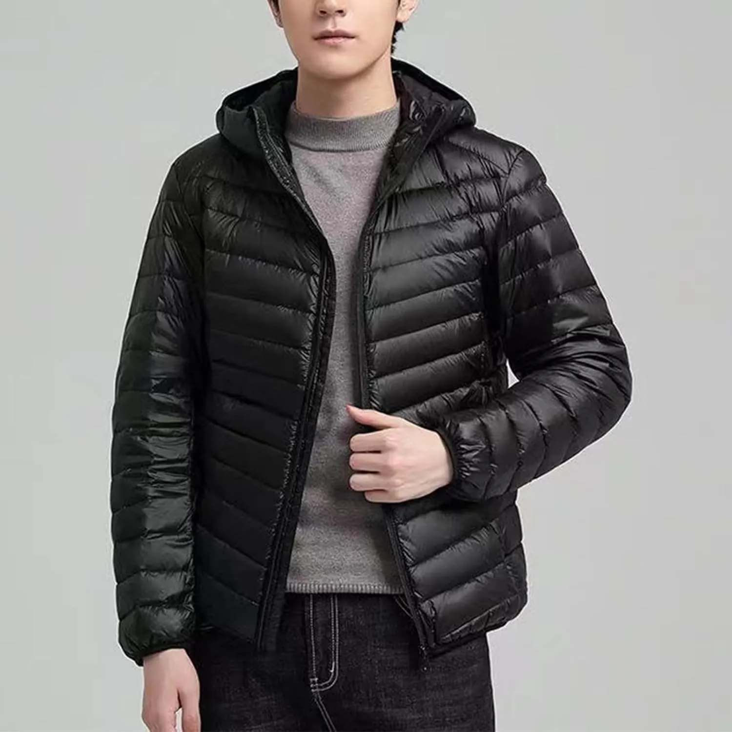 Mens Insulated Jacket Hiking Puffer Down Jacket Lightweight Down Jacket Winter Travel Jacket Plus Size Hooded Jacket