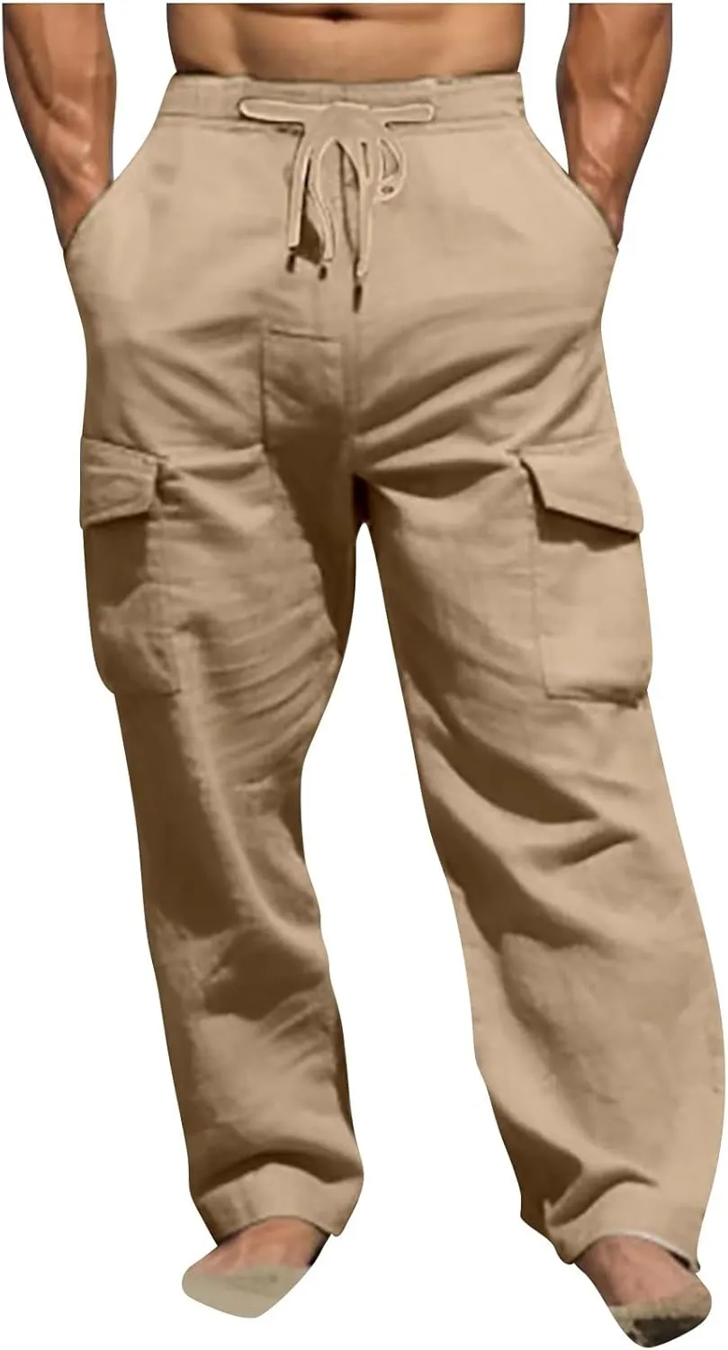 Men's Lightweight Linen Cargo Pants Breathable Multi Pockets Elastic Waist Drawstring Baggy Style Beach Trousers