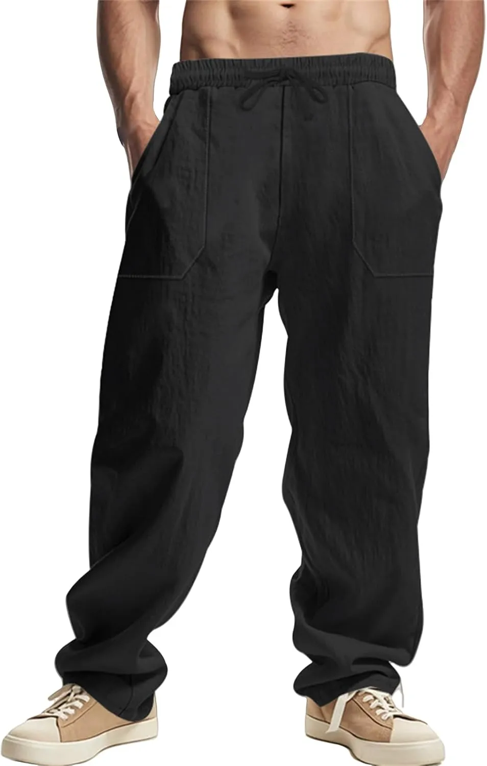 Mens Linen Cargo Pants Oversized Drawstring Casual Elastic Waist Sweatpants Breathable Wicking Outdoor Solid Trousers