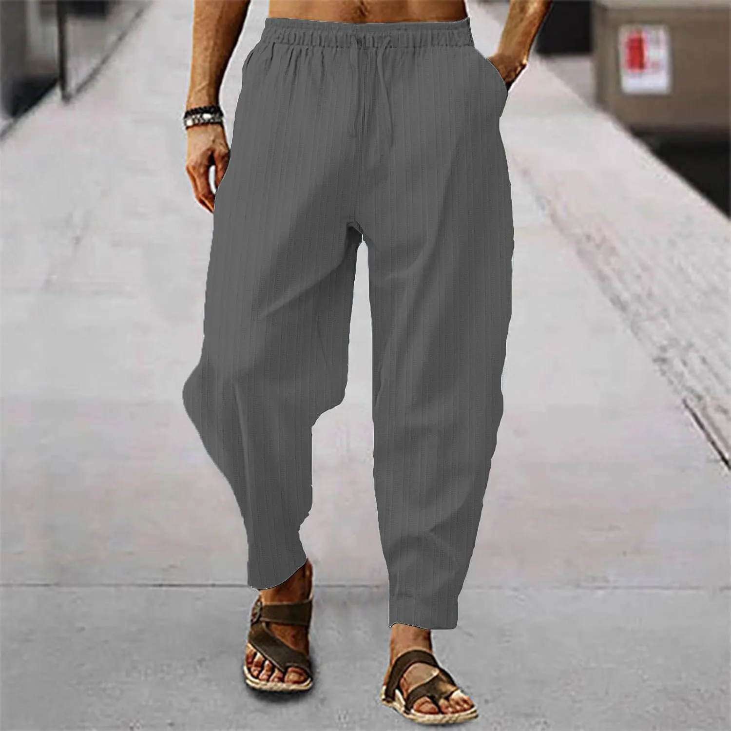 Mens Linen Lightweight Pants Elastic Waist Drawstring Striped Trousers Casual Loose Fashion Harem Breathable Pant