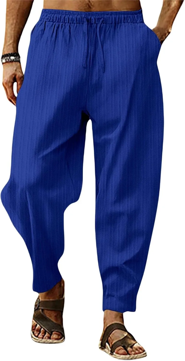 Mens Linen Lightweight Pants Elastic Waist Drawstring Striped Trousers Casual Loose Fashion Harem Breathable Pant