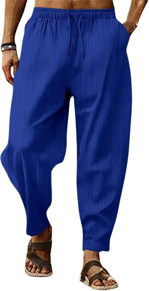 Mens Linen Lightweight Pants Elastic Waist Drawstring Striped Trousers Casual Loose Fashion Harem Breathable Pant