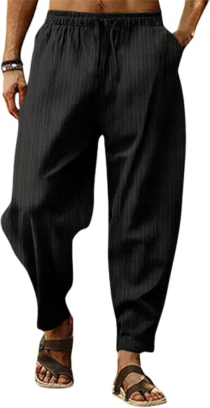 Mens Linen Lightweight Pants Elastic Waist Drawstring Striped Trousers Casual Loose Fashion Harem Breathable Pant