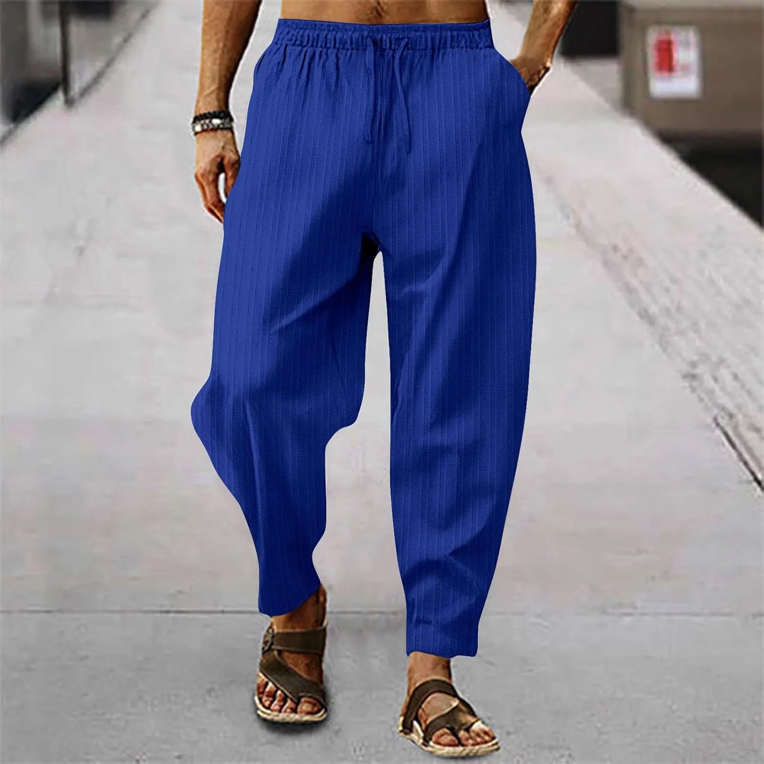 Mens Linen Lightweight Pants Elastic Waist Drawstring Striped Trousers Casual Loose Fashion Harem Breathable Pant