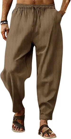 Mens Linen Lightweight Pants Elastic Waist Drawstring Striped Trousers Casual Loose Fashion Harem Breathable Pant