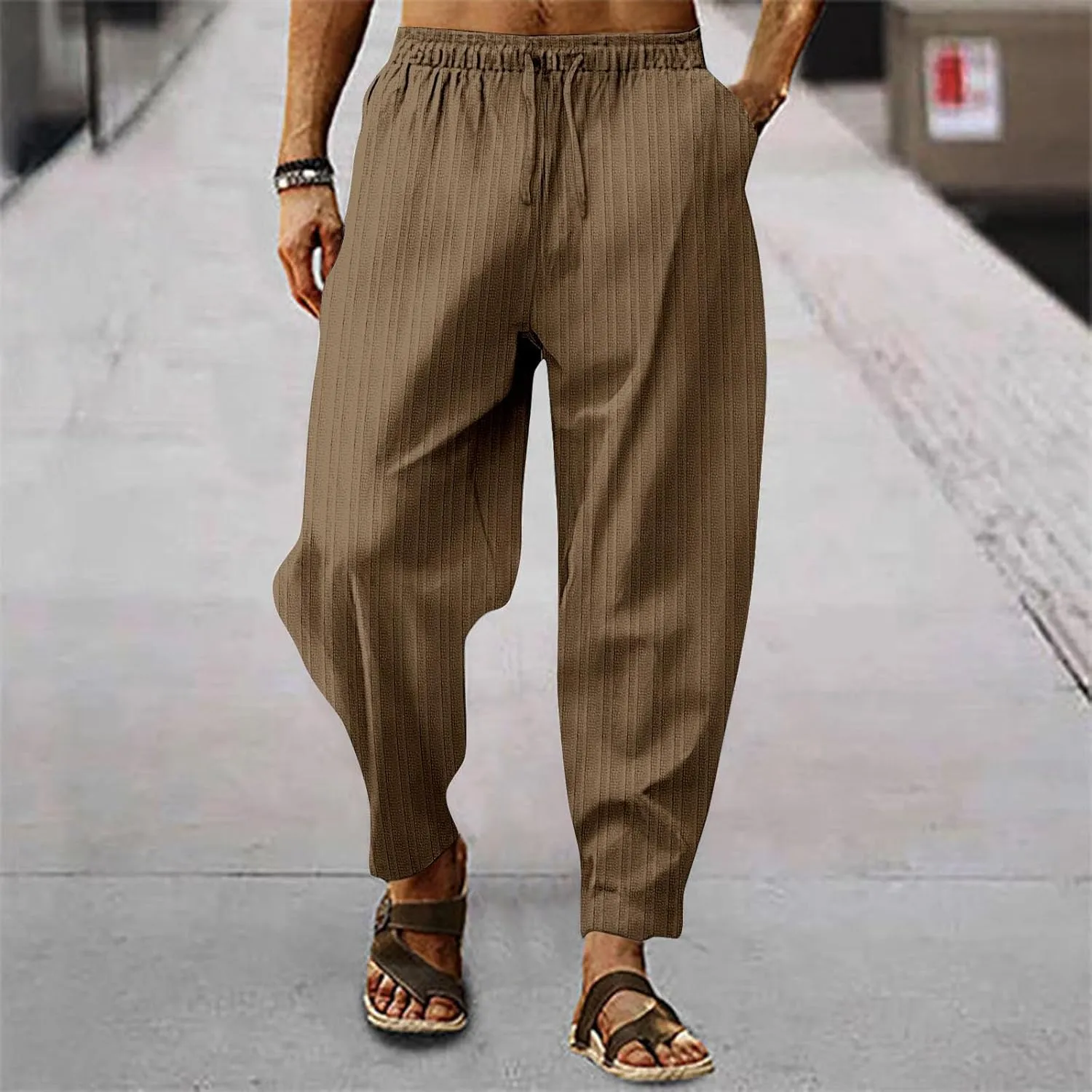 Mens Linen Lightweight Pants Elastic Waist Drawstring Striped Trousers Casual Loose Fashion Harem Breathable Pant