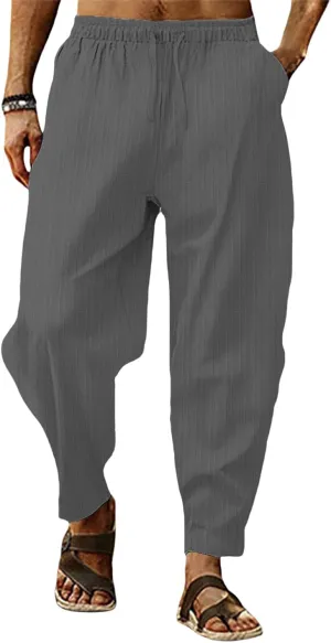 Mens Linen Lightweight Pants Elastic Waist Drawstring Striped Trousers Casual Loose Fashion Harem Breathable Pant