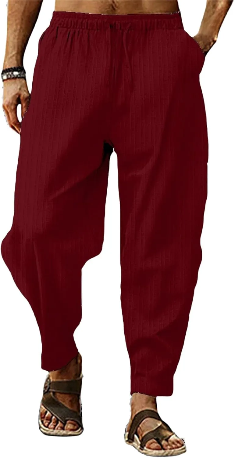 Mens Linen Lightweight Pants Elastic Waist Drawstring Striped Trousers Casual Loose Fashion Harem Breathable Pant