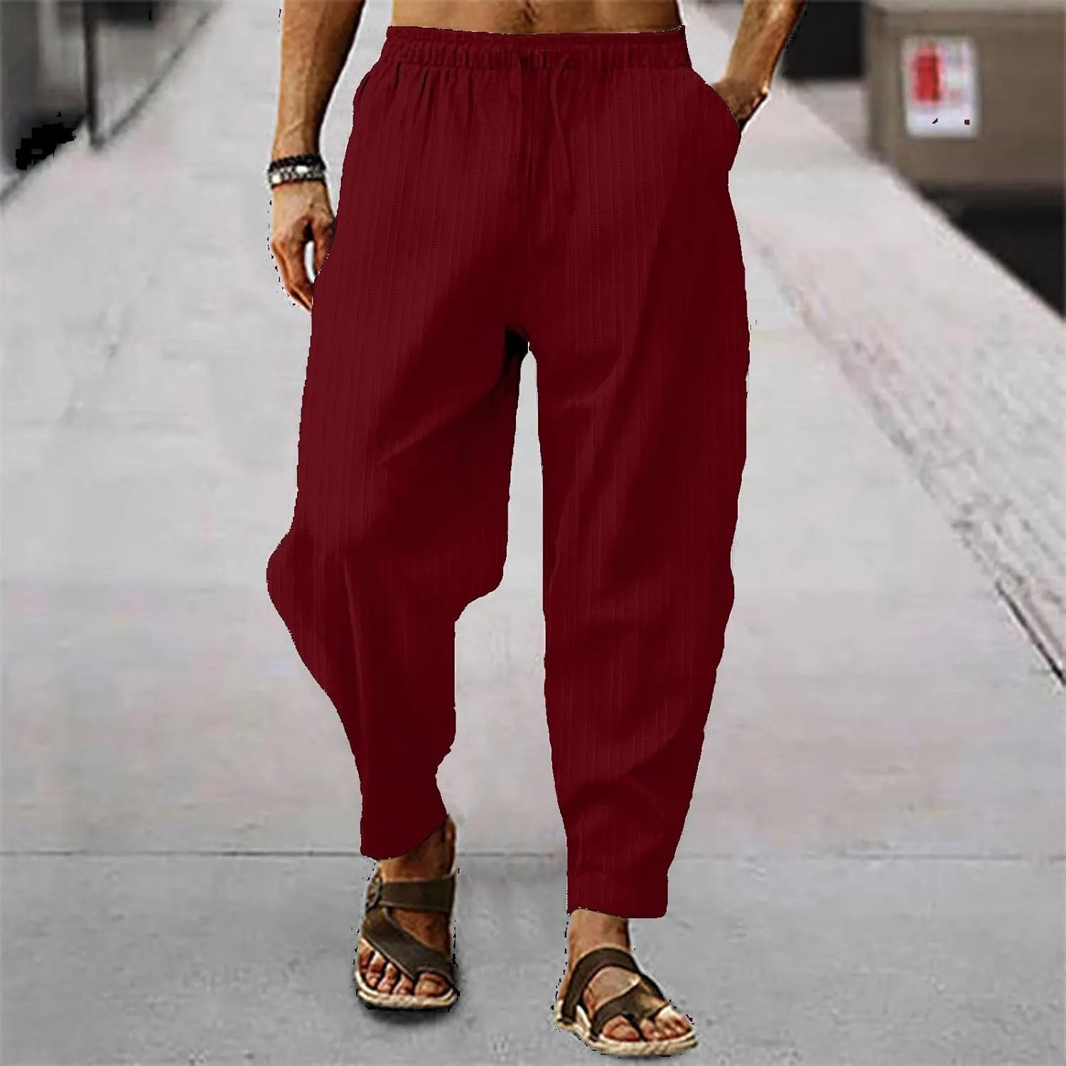 Mens Linen Lightweight Pants Elastic Waist Drawstring Striped Trousers Casual Loose Fashion Harem Breathable Pant