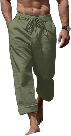 Mens Linen Pants Casual Beach Yoga Pant Elastic Drawstring Waist Straight Leg Baggy Fit Sweatpants Breathable Slacks