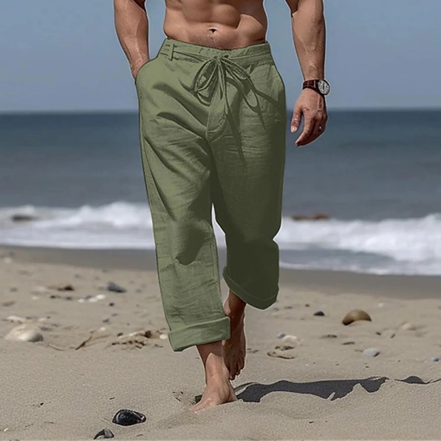 Mens Linen Pants Casual Beach Yoga Pant Elastic Drawstring Waist Straight Leg Baggy Fit Sweatpants Breathable Slacks