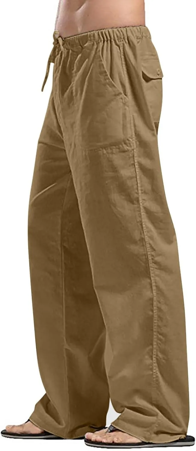 Mens Linen Pants Slim Fit Casual Elastic Waist Summer Beach Pants Lightweight Breathable Yoga Vacation Trousers