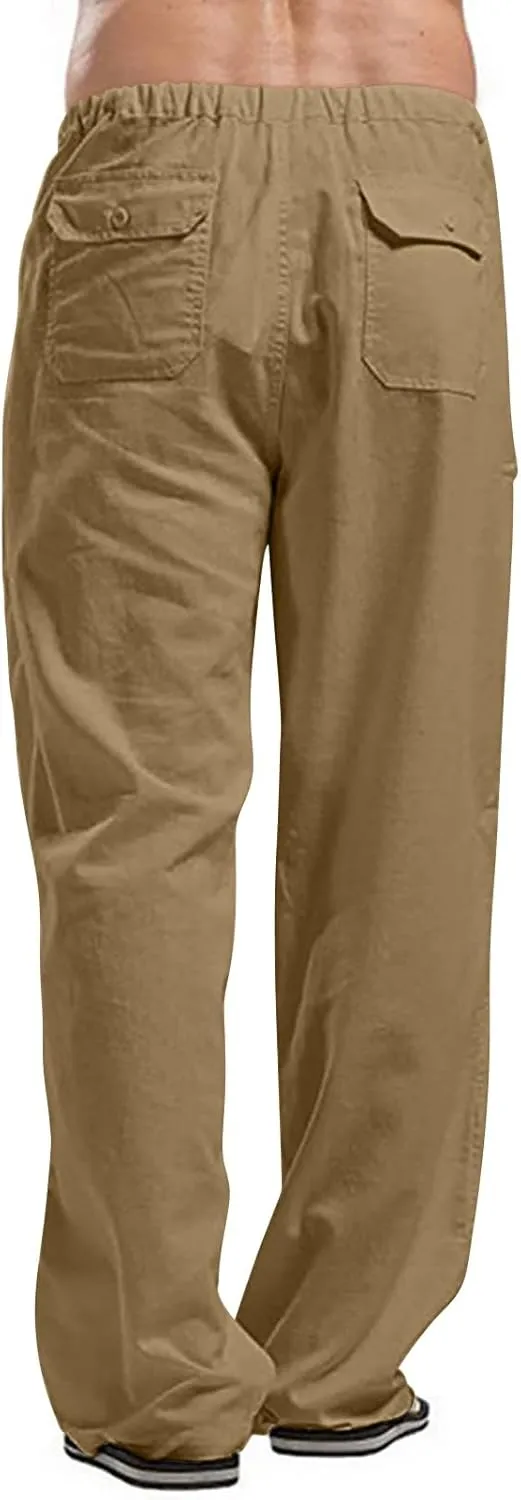 Mens Linen Pants Slim Fit Casual Elastic Waist Summer Beach Pants Lightweight Breathable Yoga Vacation Trousers