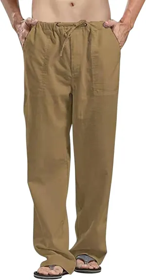 Mens Linen Pants Slim Fit Casual Elastic Waist Summer Beach Pants Lightweight Breathable Yoga Vacation Trousers