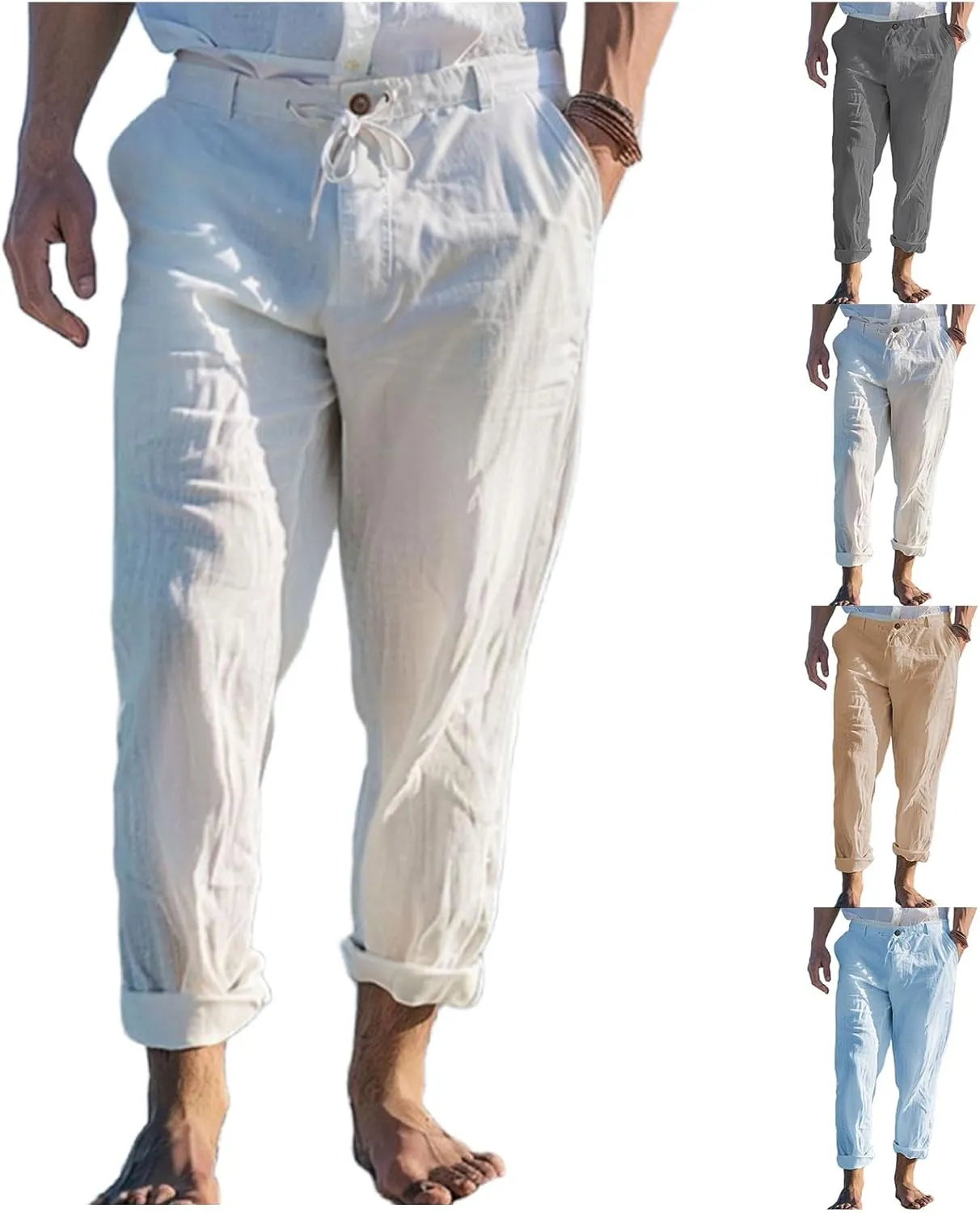 Mens Linen Pants Yoga Beach Loose Fit Casual Pants Lightweight Breathable Elastic Waist Drawstring Baggy Trousers
