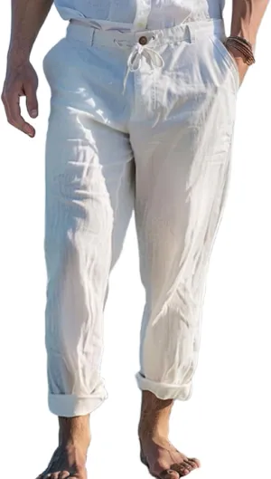 Mens Linen Pants Yoga Beach Loose Fit Casual Pants Lightweight Breathable Elastic Waist Drawstring Baggy Trousers