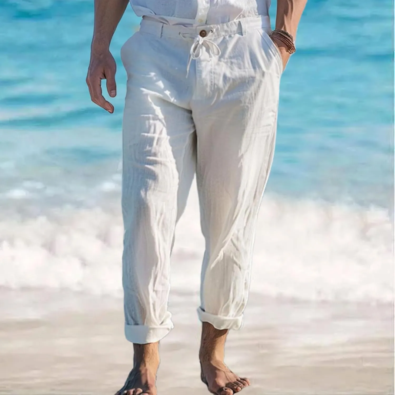 Mens Linen Pants Yoga Beach Loose Fit Casual Pants Lightweight Breathable Elastic Waist Drawstring Baggy Trousers