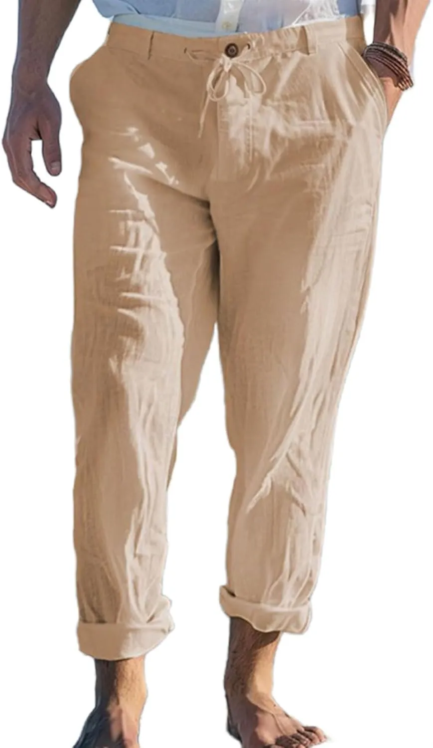 Mens Linen Pants Yoga Beach Loose Fit Casual Pants Lightweight Breathable Elastic Waist Drawstring Baggy Trousers