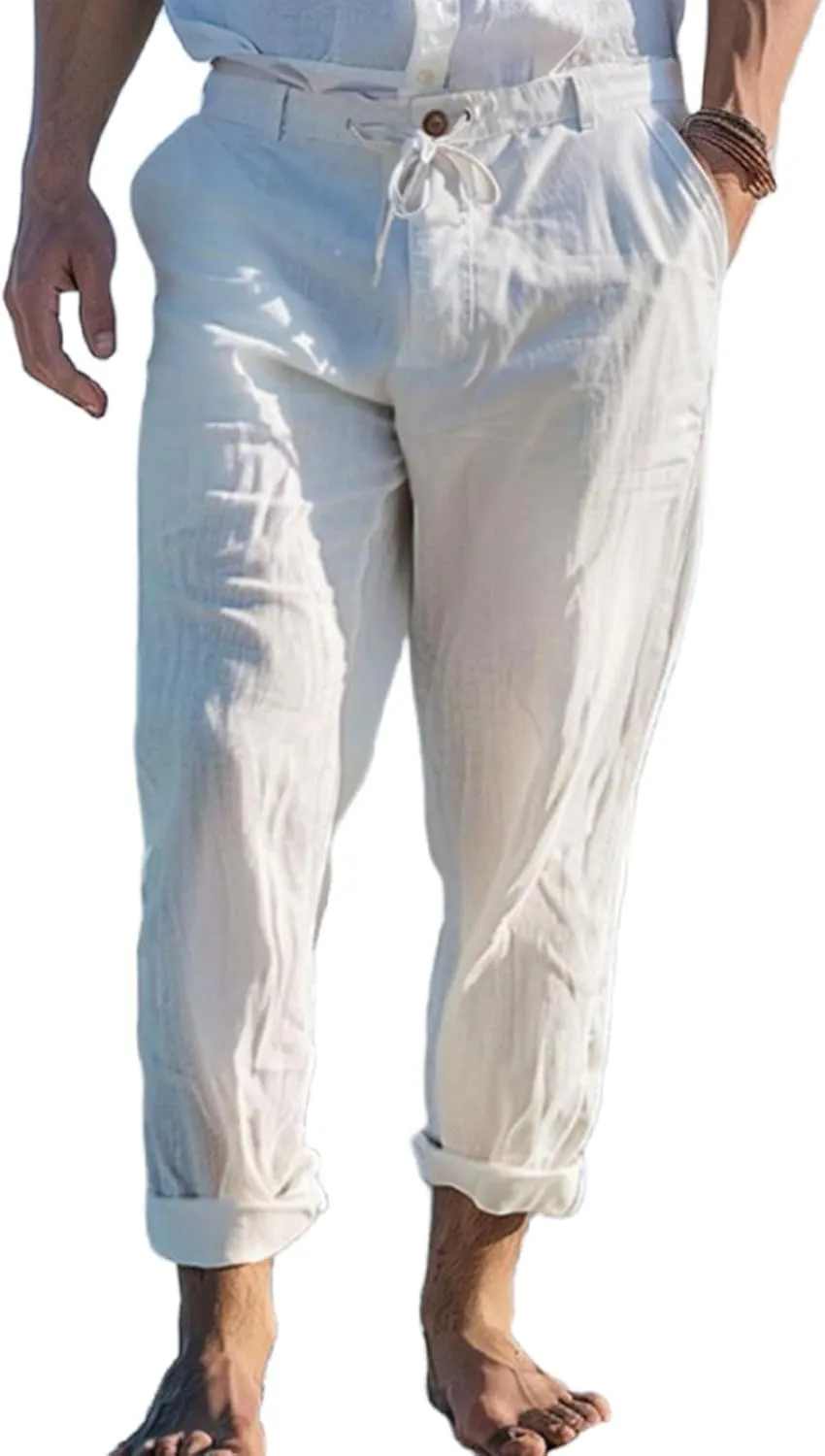 Mens Linen Pants Yoga Beach Loose Fit Casual Pants Lightweight Breathable Elastic Waist Drawstring Baggy Trousers