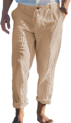 Mens Linen Pants Yoga Beach Loose Fit Casual Pants Lightweight Breathable Elastic Waist Drawstring Baggy Trousers