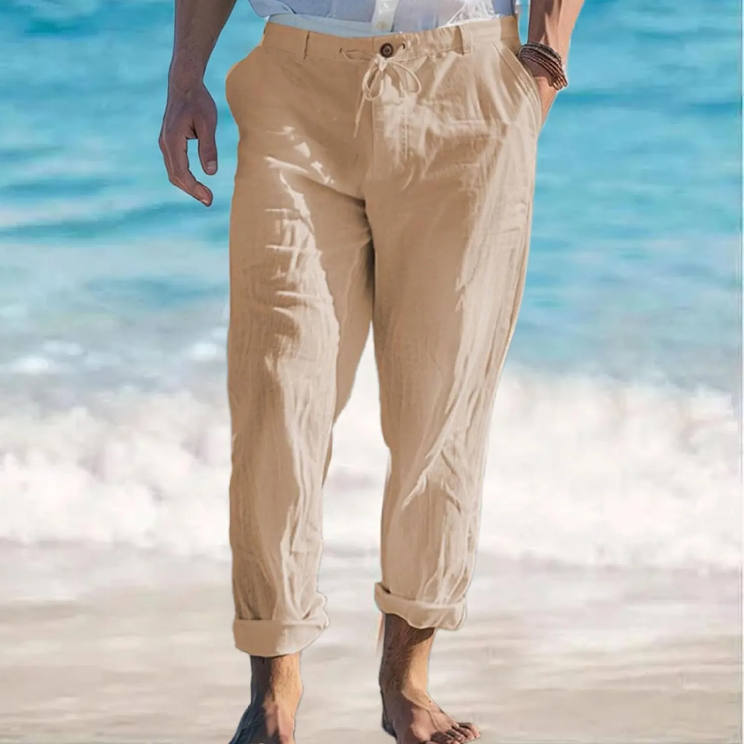 Mens Linen Pants Yoga Beach Loose Fit Casual Pants Lightweight Breathable Elastic Waist Drawstring Baggy Trousers