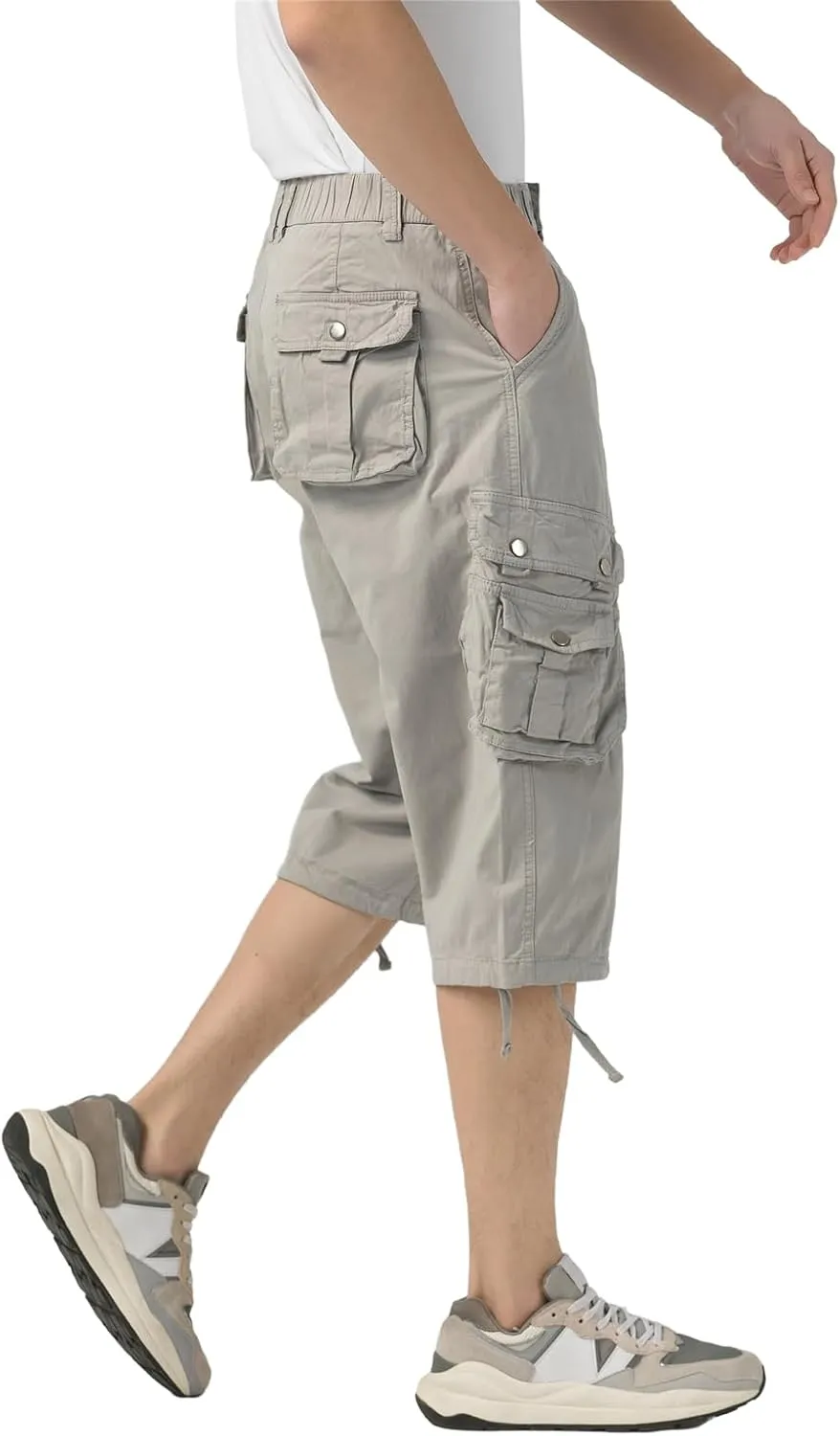 Mens Long Cargo Shorts Elastic Waist Stretch Twill Cotton 3/4 Multi Pockets Below Knee Cargo Shorts for Men