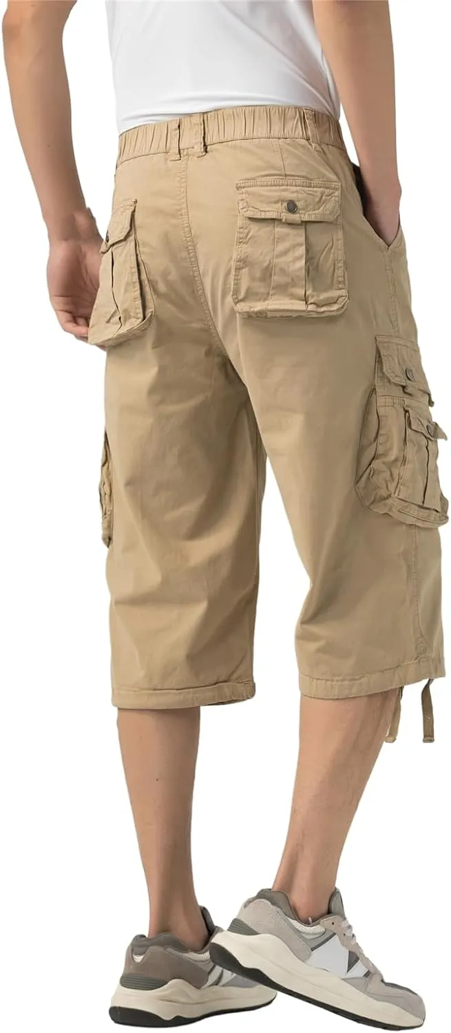 Mens Long Cargo Shorts Elastic Waist Stretch Twill Cotton 3/4 Multi Pockets Below Knee Cargo Shorts for Men
