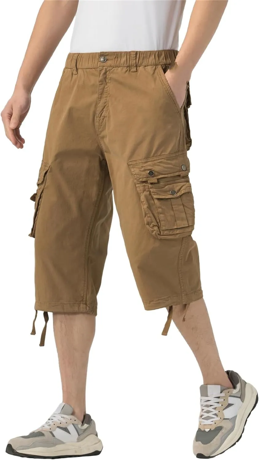 Mens Long Cargo Shorts Elastic Waist Stretch Twill Cotton 3/4 Multi Pockets Below Knee Cargo Shorts for Men