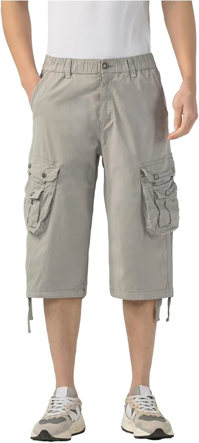 Mens Long Cargo Shorts Elastic Waist Stretch Twill Cotton 3/4 Multi Pockets Below Knee Cargo Shorts for Men